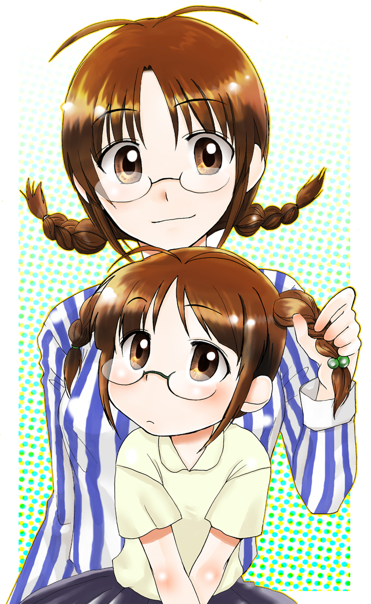 adjusting_hair, akizuki_ritsuko, antenna_hair, blush, braid, brown_eyes, brown_hair, child