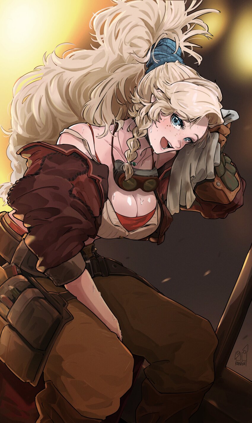 1girl, absurdres, cropped_jacket, fluffy_hair, freckles, gemma_(monster_hunter_wilds), goggles, goggles_around_neck, green_scrunchie, hair_ornament, hair_scrunchie, handkerchief, highres, jacket, leather, leather_belt, leather_jacket, long_hair, monster_hunter_(series), monster_hunter_wilds, rangut, scrunchie, sitting, solo, sweat, toned, toned_female, tools