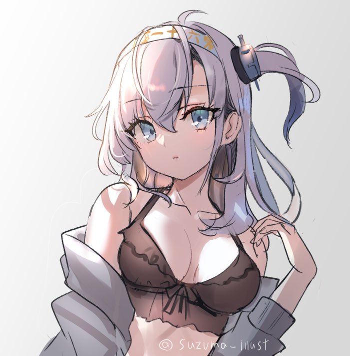 1girl, bikini, black_bikini, blue_eyes, breasts, closed_mouth, grey_hair, grey_jacket