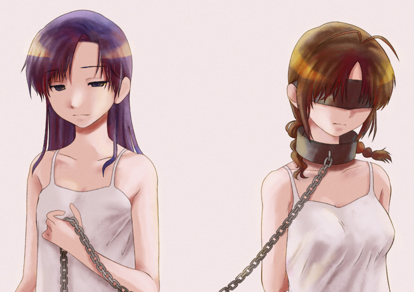 2girls, akizuki_ritsuko, bad_id, bad_pixiv_id, bdsm, blindfold, bondage, bound, braid, camisole, chain, collar, idolmaster, idolmaster_(classic), kisaragi_chihaya, leash, multiple_girls, natsuno_hareruya, slave