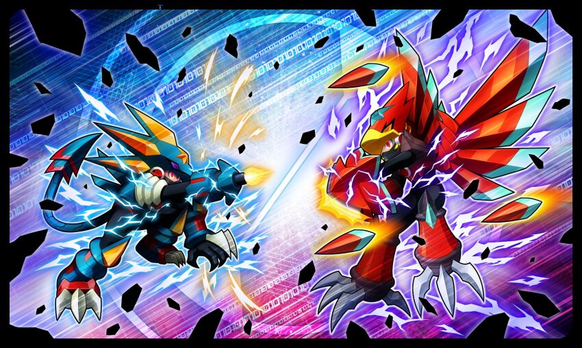 2boys, arm_cannon, armor, beak, black_background, black_bodysuit, blue_armor, blue_helmet