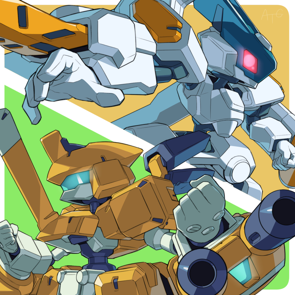 2boys, arm_blade, arm_cannon, armor, assault_visor, clenched_hands, degarashi_(ponkotsu), glowing, glowing_eyes, granbeetle, humanoid_robot, medarot, multiple_boys, red_eyes, robot, sonic_stag, weapon, white_armor, yellow_armor