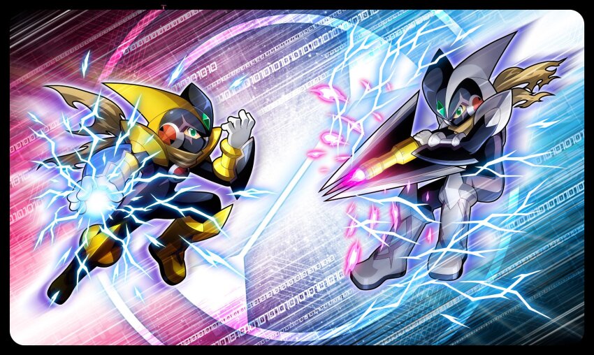 2boys, arm_cannon, bass.exe_(mega_man), bass.exe_(mega_man)_(cosplay), black_bodysuit, bodysuit, brown_scarf, cosplay, electricity, emblem, fins, gold_footwear, green_eyes, head_fins, hi-go!, highres, male_focus, mask, mega_man_(series), mega_man_battle_network_(series), mega_man_battle_network_5, megaman.exe, mouth_mask, multiple_boys, powering_up, scarf, silver_footwear, weapon