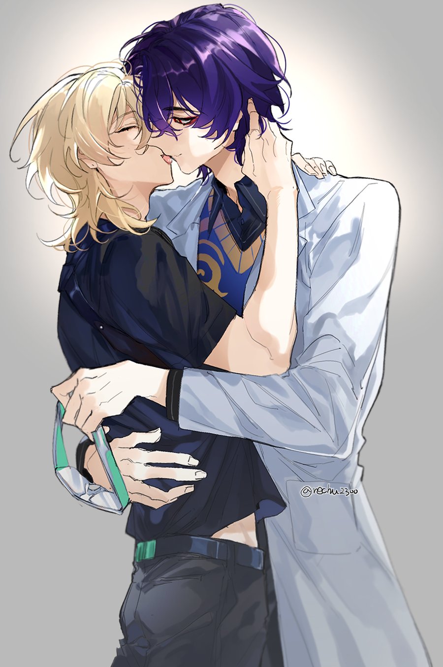 aventurine_(bullseye)_(honkai:_star_rail), aventurine_(honkai:_star_rail), black_shirt, blonde_hair, blue_hair, blue_vest, closed_eyes, coat