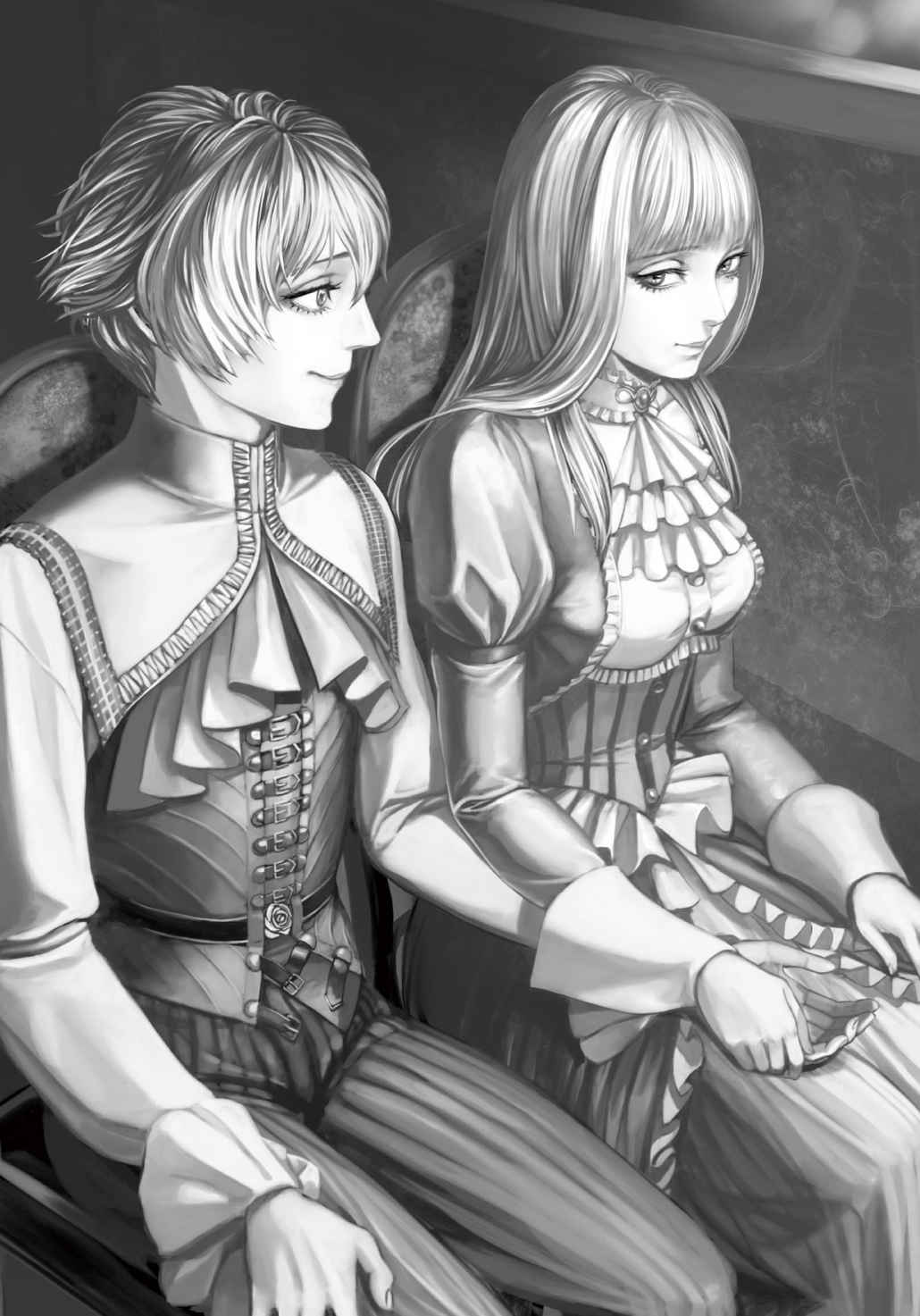 1boy, 1girl, ascot, belt, belt_buckle, buckle, couple, cowboy_shot