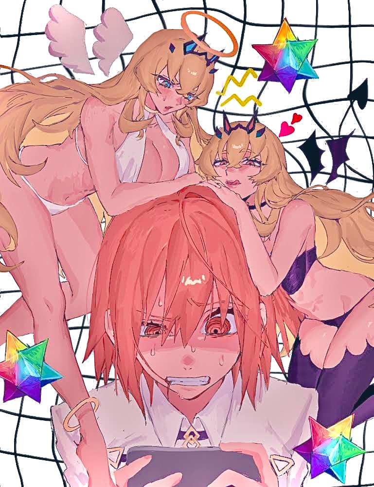 2girls, :q, @_@, angel, angel_and_devil, angel_wings, anklet, barghest_(fate), bikini, black_bikini, black_thighhighs, black_wings, blue_eyes, blush, breasts, cleavage, clenched_teeth, crazy_eyes, demon_girl, demon_tail, demon_wings, fate/grand_order, fate_(series), fujimaru_ritsuka_(female), hair_in_own_mouth, halo, holding, holding_phone, jewelry, koani11111, large_breasts, licking_lips, looking_at_phone, mini_person, minigirl, multiple_girls, orange_eyes, orange_hair, phone, saint_quartz_(fate), shaded_face, shoulder_angel, shoulder_devil, sweat, swimsuit, tail, teeth, thighhighs, tongue, tongue_out, traditional_halo, white_bikini, white_wings, wings