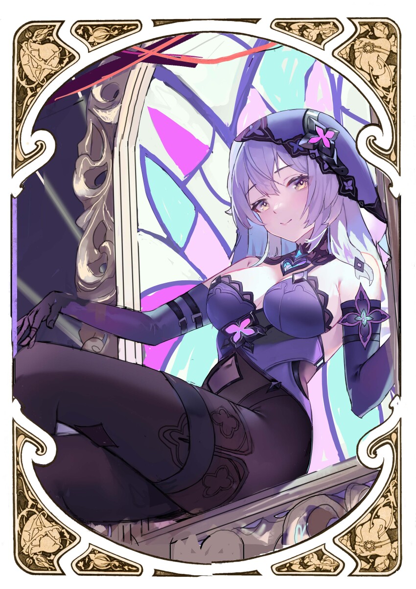 1girl, absurdres, arm_belt, belt, black_swan_(honkai:_star_rail), breasts, choker, duzizai, elbow_gloves, eyelashes, gloves, hair_between_eyes, highres, honkai:_star_rail, honkai_(series), leotard, light_blush, long_hair, looking_at_viewer, multiple_belts, navel, ornate_pattern, picture_frame, purple_choker, purple_gloves, purple_hair, purple_leotard, see-through_clothes, sidelocks, sitting, smile, solo, stained_glass, strapless, strapless_leotard, thighs, veil, yellow_eyes