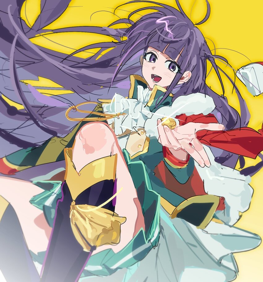 1girl, :d, ascot, black_boots, blunt_bangs, blurry, boots, commentary_request