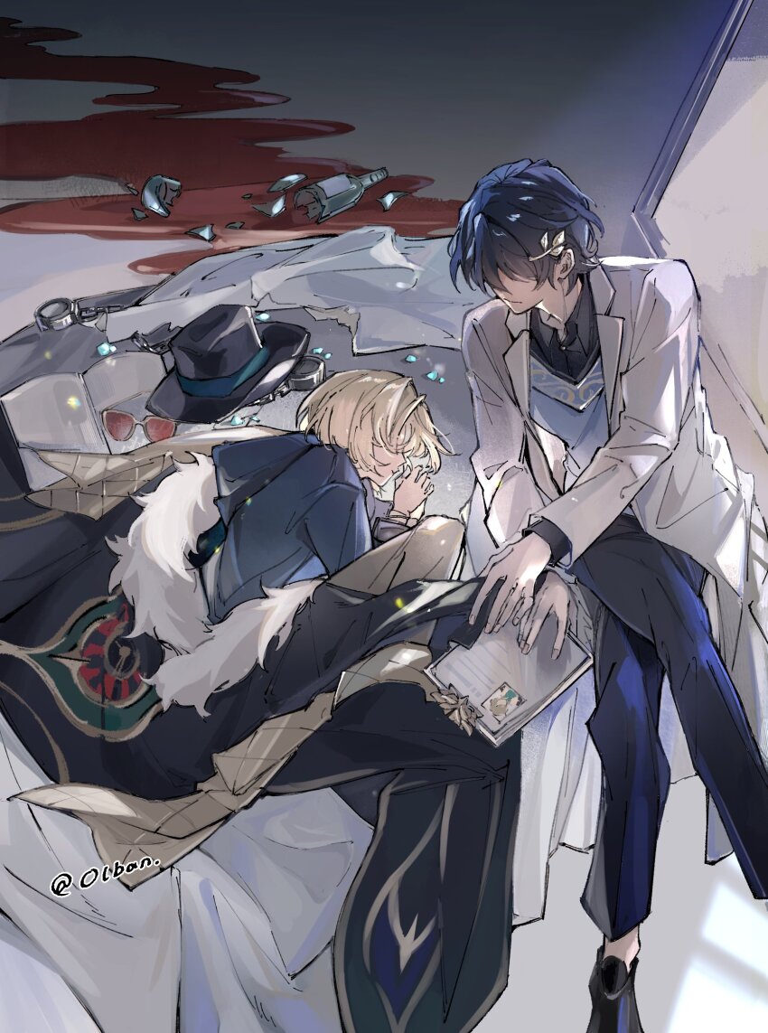 2boys, aged_down, alcohol, aventurine_(honkai:_star_rail), blonde_hair, blood, blue_hair, blue_jacket