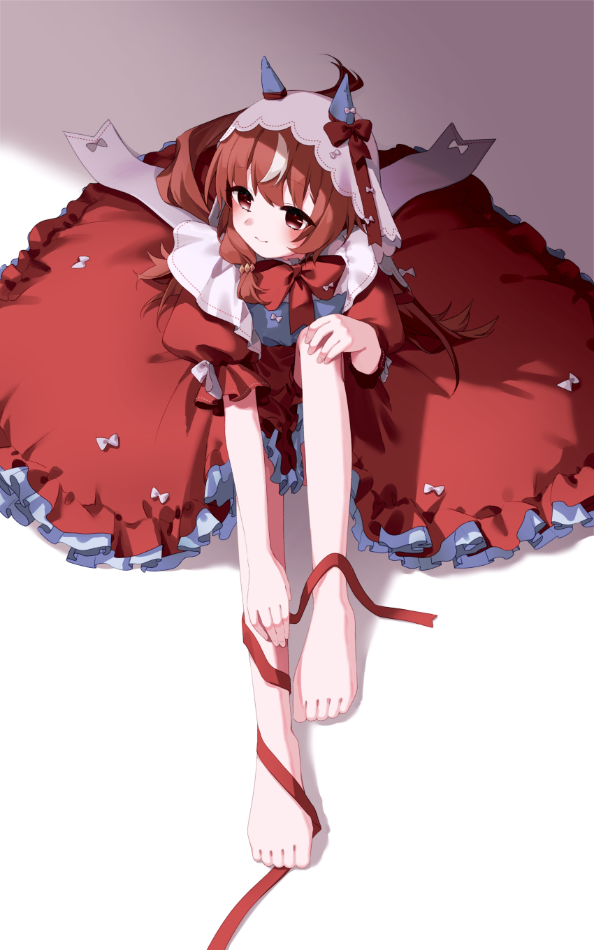 039nagyo, absurdres, alternate_costume, animal_ears, barefoot, blush, brown_hair, commentary_request, dress, frilled_skirt, frills, hair_ornament, highres, horse_ears, horse_girl, long_hair, red_eyes, ribbon, sitting, skirt, smile, still_in_love_(umamusume), umamusume, veil