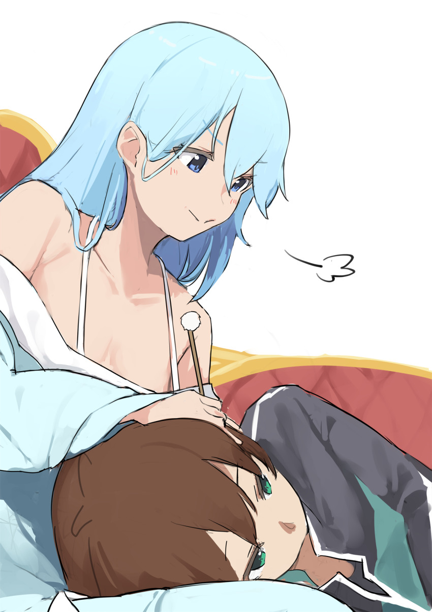 1boy, 1girl, aqua_(konosuba), bare_shoulders, black_jacket, blue_eyes, blue_hair, blue_pajamas