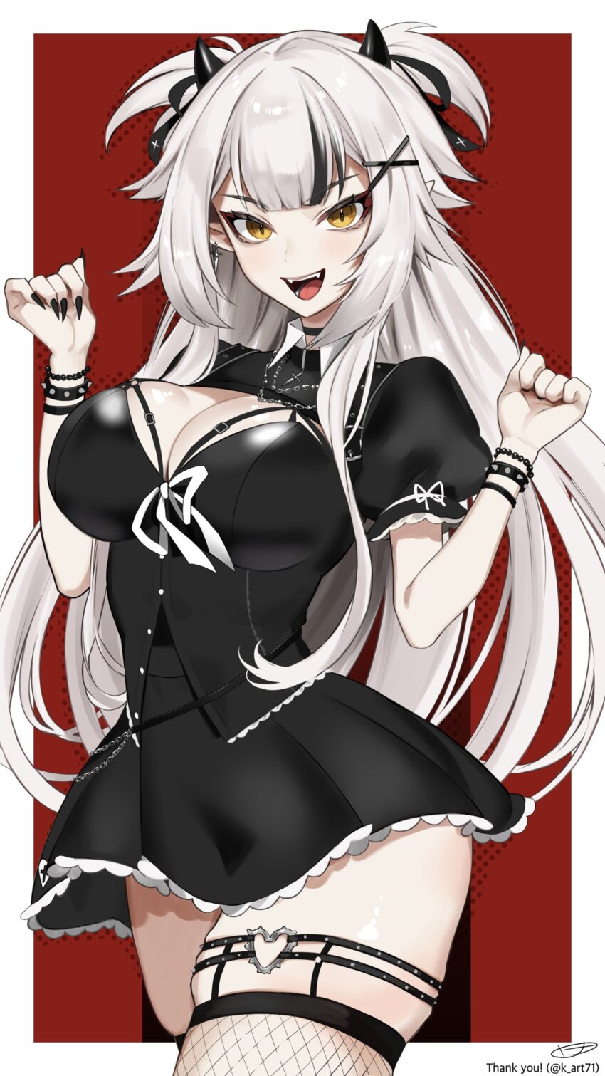1girl, bead_bracelet, beads, black_choker, black_dress, black_hair, black_horns, black_nails, black_ribbon, bracelet, breasts, choker, ciri_(vtuber), cleavage, cleavage_cutout, clothing_cutout, collar, commission, dress, earrings, fangs, fingernails, fishnet_thighhighs, fishnets, hair_ribbon, heart, heart_o-ring, highres, horns, indie_virtual_youtuber, jewelry, k_(art71), large_breasts, long_hair, multicolored_hair, o-ring, open_mouth, pointy_ears, puffy_short_sleeves, puffy_sleeves, ribbon, sharp_fingernails, short_sleeves, skeb_commission, skindentation, solo, spiked_bracelet, spikes, streaked_hair, thighhighs, virtual_youtuber, white_collar, white_hair, white_ribbon, yellow_eyes