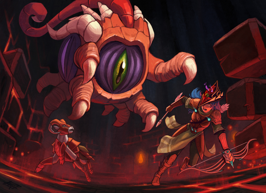 1girl, absurdres, armor, armored_animal, arrow_(projectile), beholder_(d&amp;d), blue_hair, boots