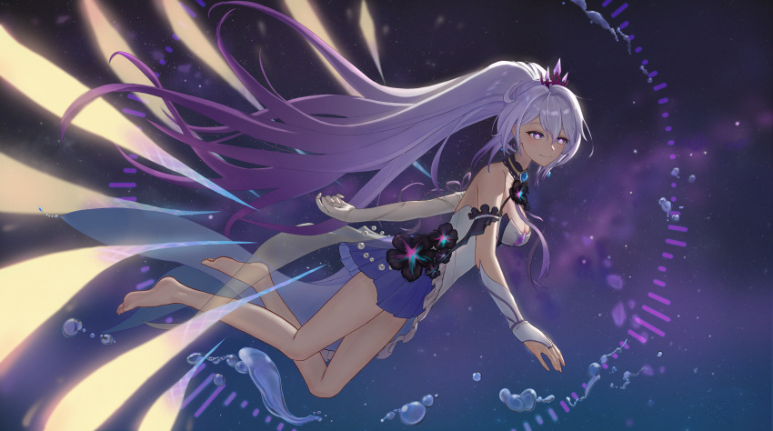 absurdres, adapted_costume, bare_legs, bare_shoulders, barefoot, blackxyfaf, blue_eyes, blue_skirt