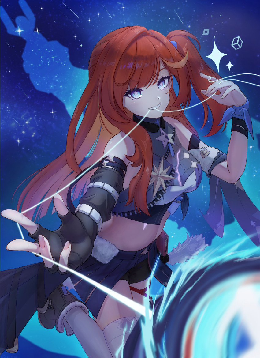 1girl, absurdres, ahoge, bare_shoulders, black_footwear, black_gloves, black_shorts, blackxyfaf