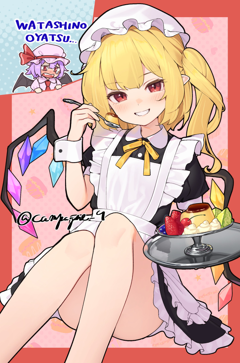 2girls, alternate_costume, apron, ass, bat_wings, black_dress, black_wings, blonde_hair