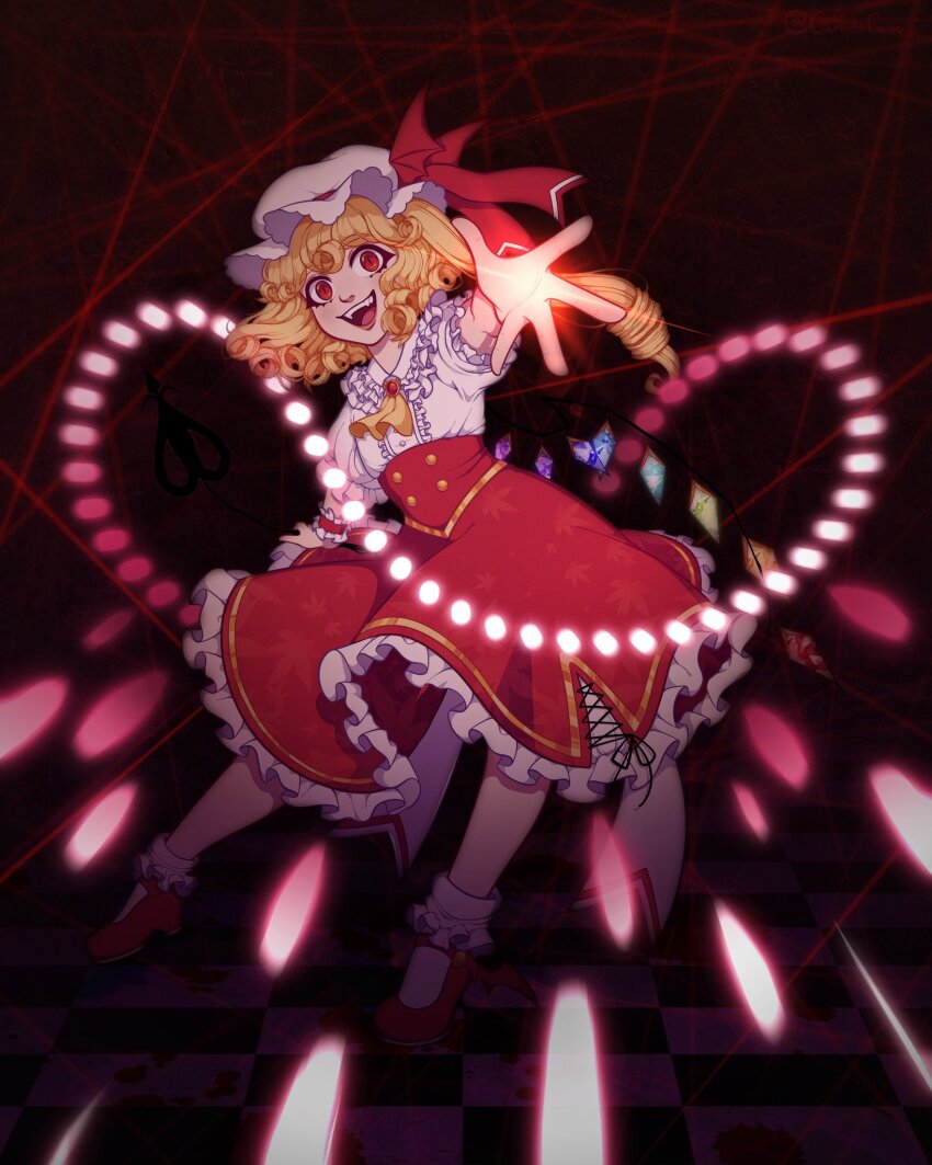 1girl, adapted_costume, ascot, back_bow, blonde_hair, blood, blood_on_ground, bobby_socks