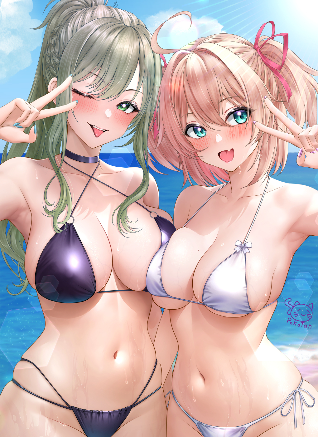 2girls, :d, ahoge, aqua_eyes, beach, bikini, blush, collarbone, commentary_request, day, game_club_project, green_eyes, green_hair, hand_up, highres, long_hair, looking_at_viewer, matsunaga_iori, multiple_girls, nail_polish, navel, ocean, one_eye_closed, open_mouth, outdoors, pink_hair, ponytail, purple_bikini, riot_music, sakuragi_miria, side-tie_bikini_bottom, smile, stomach, studiopokotan, swimsuit, tongue, tongue_out, v, virtual_youtuber, wet, white_bikini
