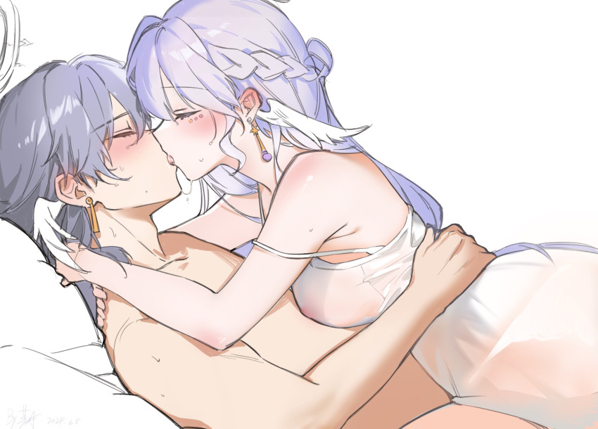 1boy, 1girl, blush, braid, brother_and_sister, chinese_commentary, closed_eyes, commentary_request, covered_erect_nipples, earrings, french_kiss, grey_hair, half_up_braid, halo, head_wings, highres, honkai:_star_rail, honkai_(series), hug, incest, jewelry, ji_yue, kiss, long_hair, robin_(honkai:_star_rail), saliva, siblings, simple_background, sunday_(honkai:_star_rail), white_background, wings