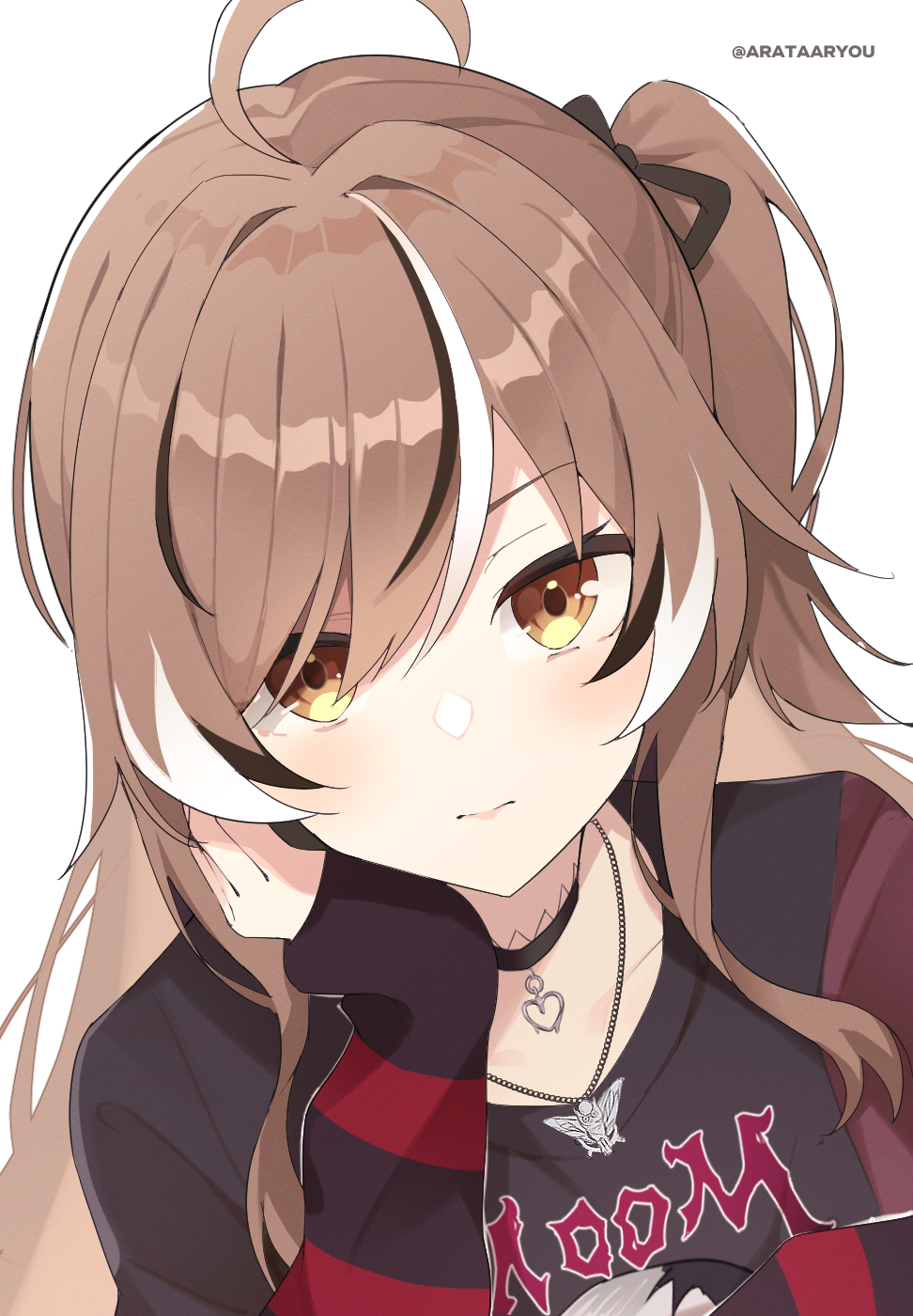 1girl, ahoge, arata_ryou, black_choker, black_shirt, black_sweater, brown_eyes, brown_hair