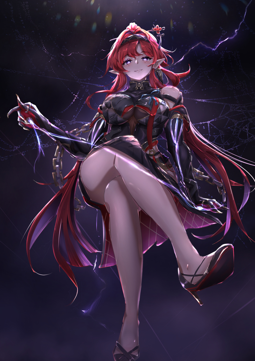 1girl, absurdres, bare_shoulders, black_dress, black_hairband, breasts, bright_pupils, chunfai1996, crossed_legs, dress, earrings, gloves, hair_between_eyes, hair_ornament, hairband, high_ponytail, highres, jewelry, large_breasts, long_hair, looking_at_viewer, mole, pointy_ears, ponytail, purple_eyes, red_hair, sitting, smile, solo, thighs, very_long_hair, white_pupils, wuthering_waves, yinlin_(wuthering_waves)