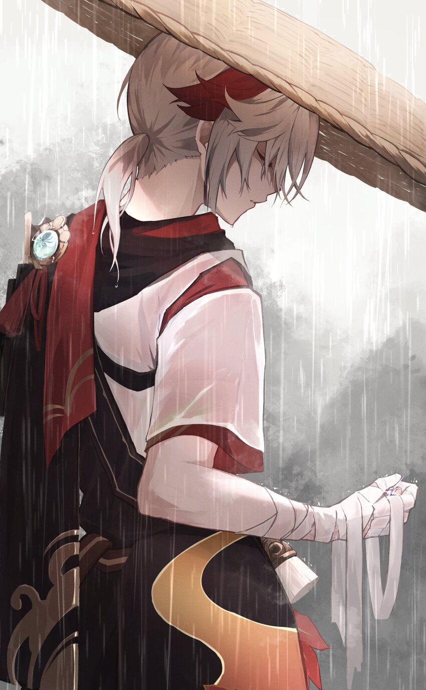 1boy, absurdres, armor, bandaged_arm, bandaged_hand, bandages, closed_mouth, genshin_impact