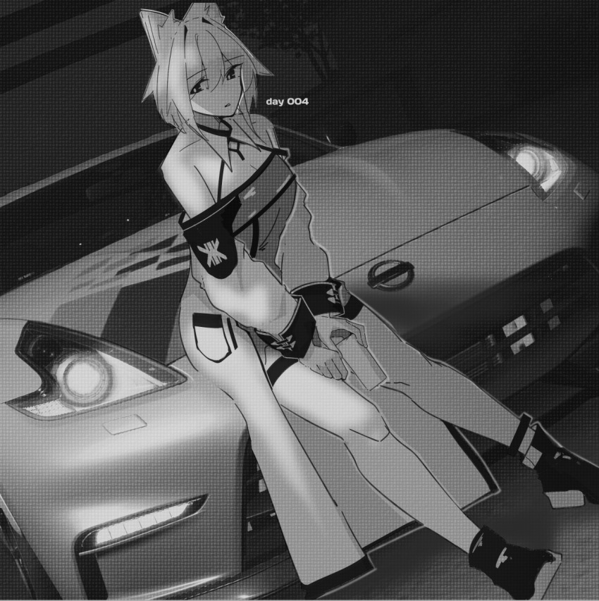 1girl, animal_ear_fluff, animal_ears, arknights, bare_shoulders, car, cat_ears, cup