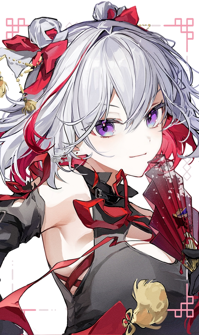 1girl, armpits, black_gloves, black_shirt, bow, breasts, cleavage, cleavage_cutout