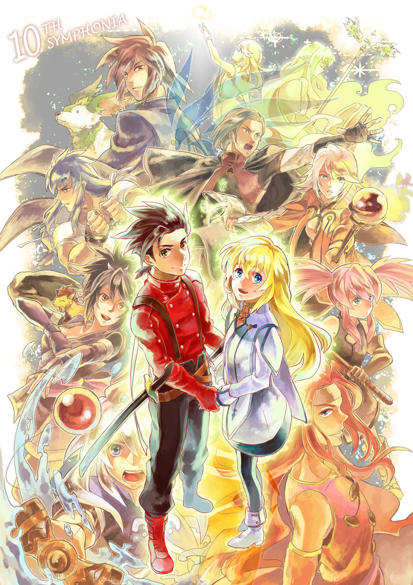 5girls, 6+boys, animal, black_hair, black_pants, blonde_hair, blue_eyes, blue_hair