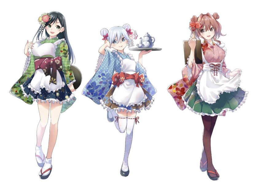 3girls, :p, amagami-san_chi_no_enmusubi, amagami_asahi, amagami_yae, amagami_yuna, apron, black_footwear