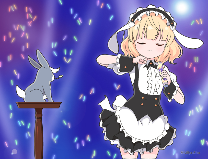 1girl, :3, animal, animal_ears, apron, black_hairband, black_skirt, blonde_hair