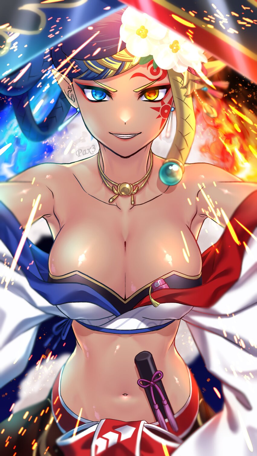 1girl, absurdres, artist_name, bare_shoulders, blonde_hair, blue_eyes, blue_hair, breasts, cleavage, heterochromia, highres, jaen_(youkai_watch), large_breasts, looking_at_viewer, midriff, navel, parted_lips, paxmagellanic3, pointy_ears, solo, yellow_eyes, youkai_watch, youkai_watch:_punipuni