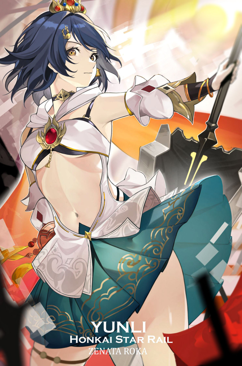 1girl, artist_name, blue_hair, breasts, character_name, detached_sleeves, highres, holding