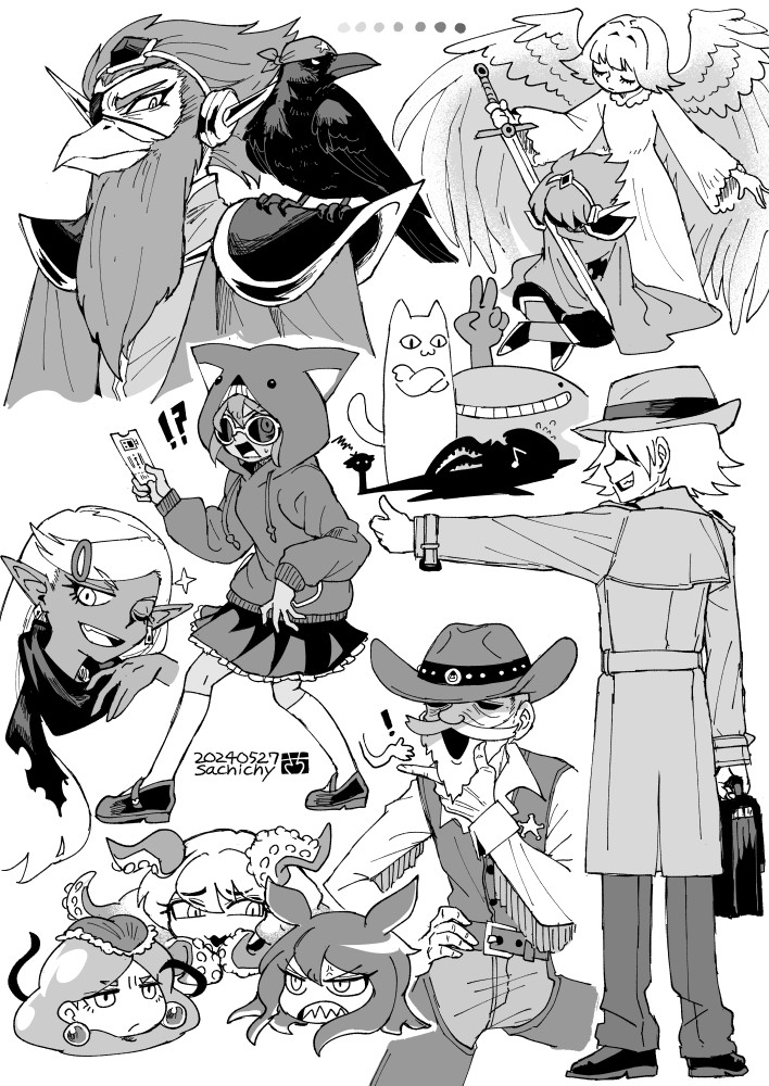 !, !?, 5girls, 6+boys, aizawa_sachi, beard, belt, big_yellow_cat_(omori), captain_spaceboy, earrings, faceless, faceless_male, facial_hair, greyscale, hair_ornament, hairclip, hat, hitchhiker_(omori), holding, holding_sword, holding_ticket, holding_weapon, hood, hoodie, humphrey_(omori), jewelry, kneehighs, long_hair, long_sleeves, looking_at_viewer, marina_(omori), medusa_(omori), molly_(omori), monochrome, mr._outback_(omori), multiple_boys, multiple_girls, mustache, old, old_man, omori, open_mouth, parted_lips, pinkbeard_(omori), pointy_ears, rococo_(omori), sharp_teeth, sheriff_badge, short_hair, snow_angel_(omori), socks, stranger_(omori), sunglasses, sweetheart_(omori), swept_bangs, sword, teeth, ticket, upper_teeth_only, weapon