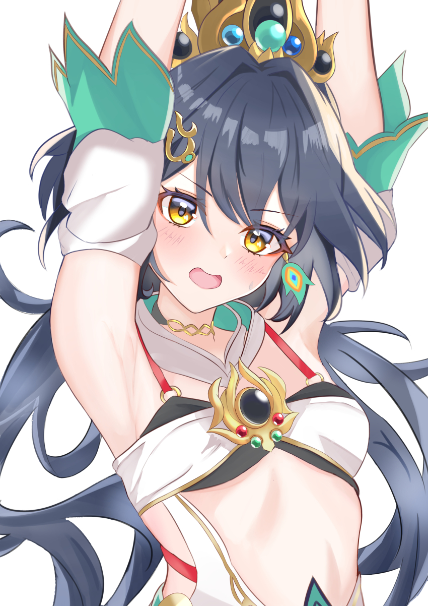 1girl, absurdres, armpits, arms_up, blue_hair, blush, breasts, detached_sleeves, floating_hair, hair_between_eyes, highres, honkai:_star_rail, honkai_(series), long_hair, looking_at_viewer, nekka_(87398o9514), open_mouth, simple_background, small_breasts, solo, sweatdrop, white_background, yellow_eyes, yunli_(honkai:_star_rail)