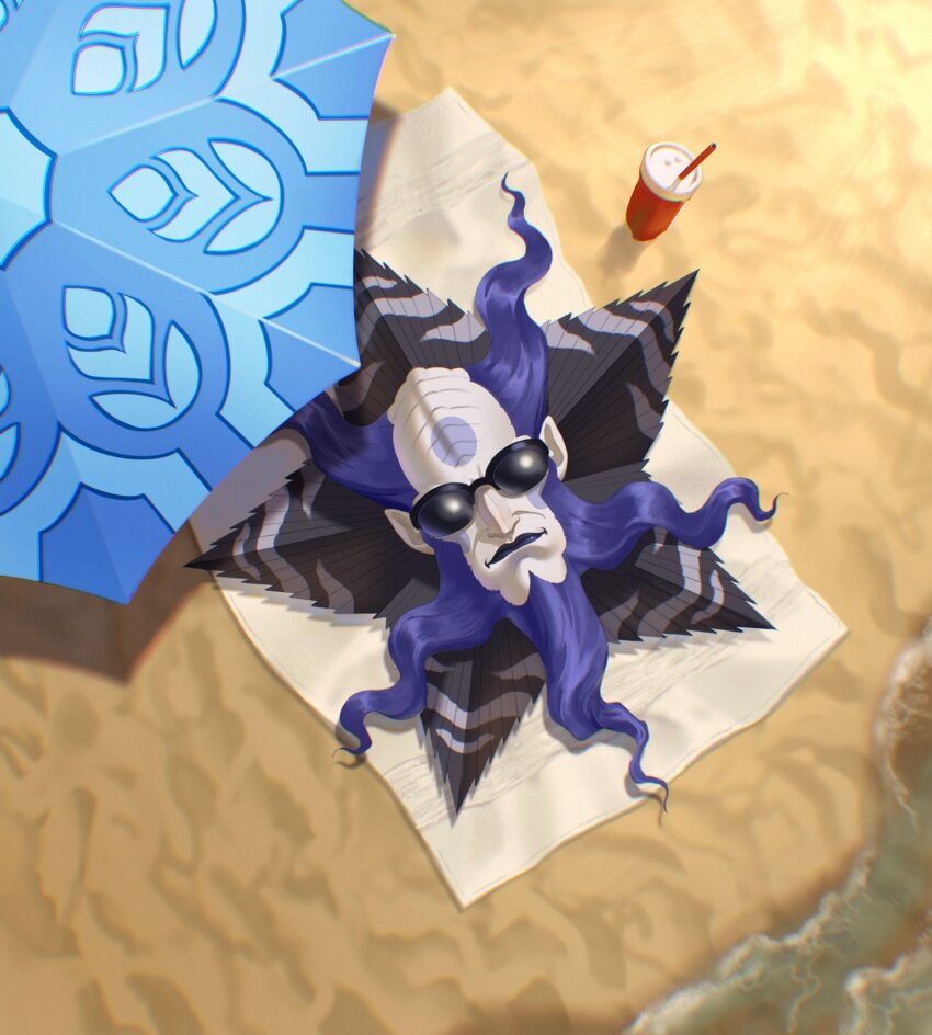 1boy, beach, beard, colored_skin, commentary, covered_eyes, cup, demon_(megami_tensei)