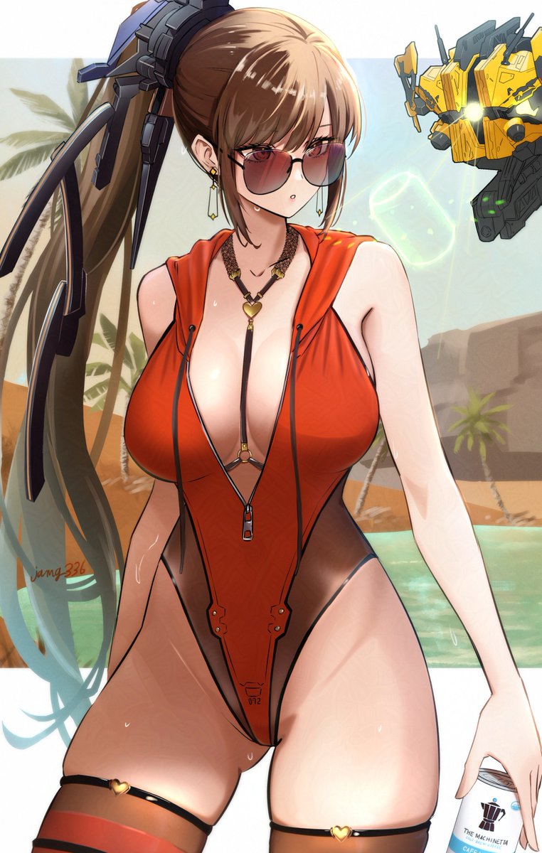 1girl, blunt_bangs, breasts, brown_eyes, brown_hair, brown_thighhighs, can, center_opening, cleavage, drone, eve_(stellar_blade), heart, heart_necklace, highleg, highleg_leotard, highres, holding, holding_can, jamg336, jewelry, large_breasts, leotard, long_hair, midsummer_redhood_(stellar_blade), necklace, ponytail, stellar_blade, thick_thighs, thighhighs, thighs, unzipped, very_long_hair