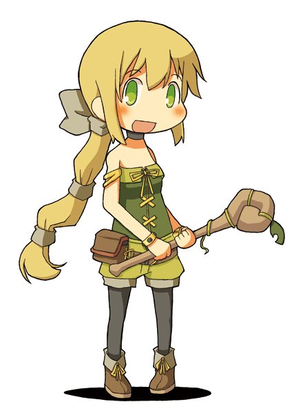 1girl, blonde_hair, female_focus, green_eyes, long_hair, multi-tied_hair, nannyaka, open_mouth, pantyhose, pantyhose_under_shorts, saga, saga_frontier_2, shorts, solo, staff, very_long_hair, virginia_knights
