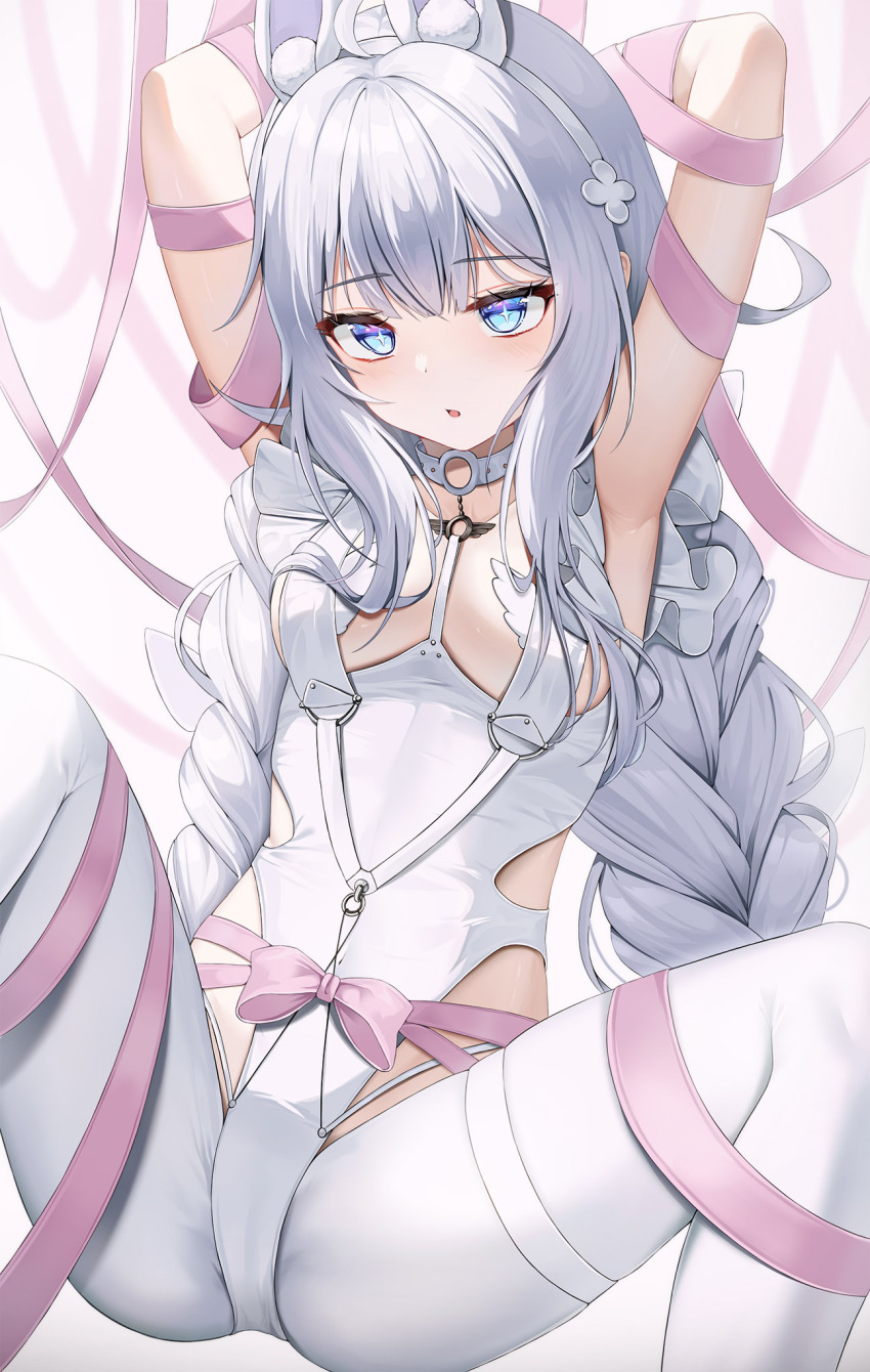 +_+, 1girl, animal_ears, armpits, arms_behind_head, arms_up, azur_lane, blue_eyes