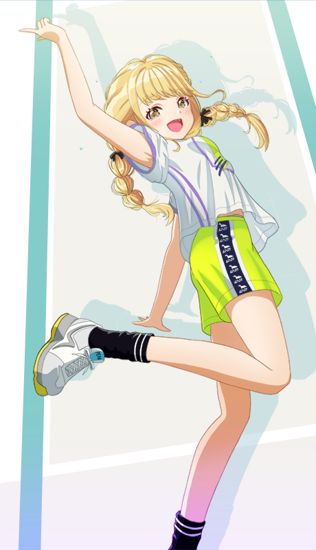 1girl, at_kiwi, bare_arms, bare_legs, black_socks, blonde_hair, blush, braid