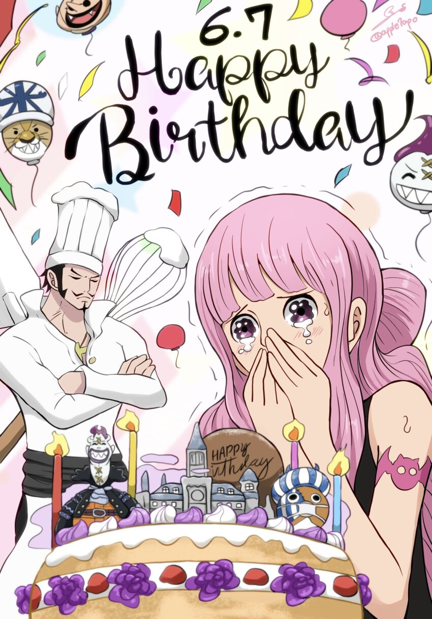 1boy, 1girl, absalom, apple7apo, birthday, birthday_cake, black_dress, black_hair, blush, cake, character_doll, chef_hat, crossed_arms, dated, doll, dracule_mihawk, dress, facial_hair, food, gecko_moria, happy, happy_birthday, hat, highres, hogback, kumacy, long_hair, mustache, one_piece, perona, pink_hair, serious, short_hair, shoulder_tattoo, tattoo, tears, trembling, very_long_hair, wavy_eyes