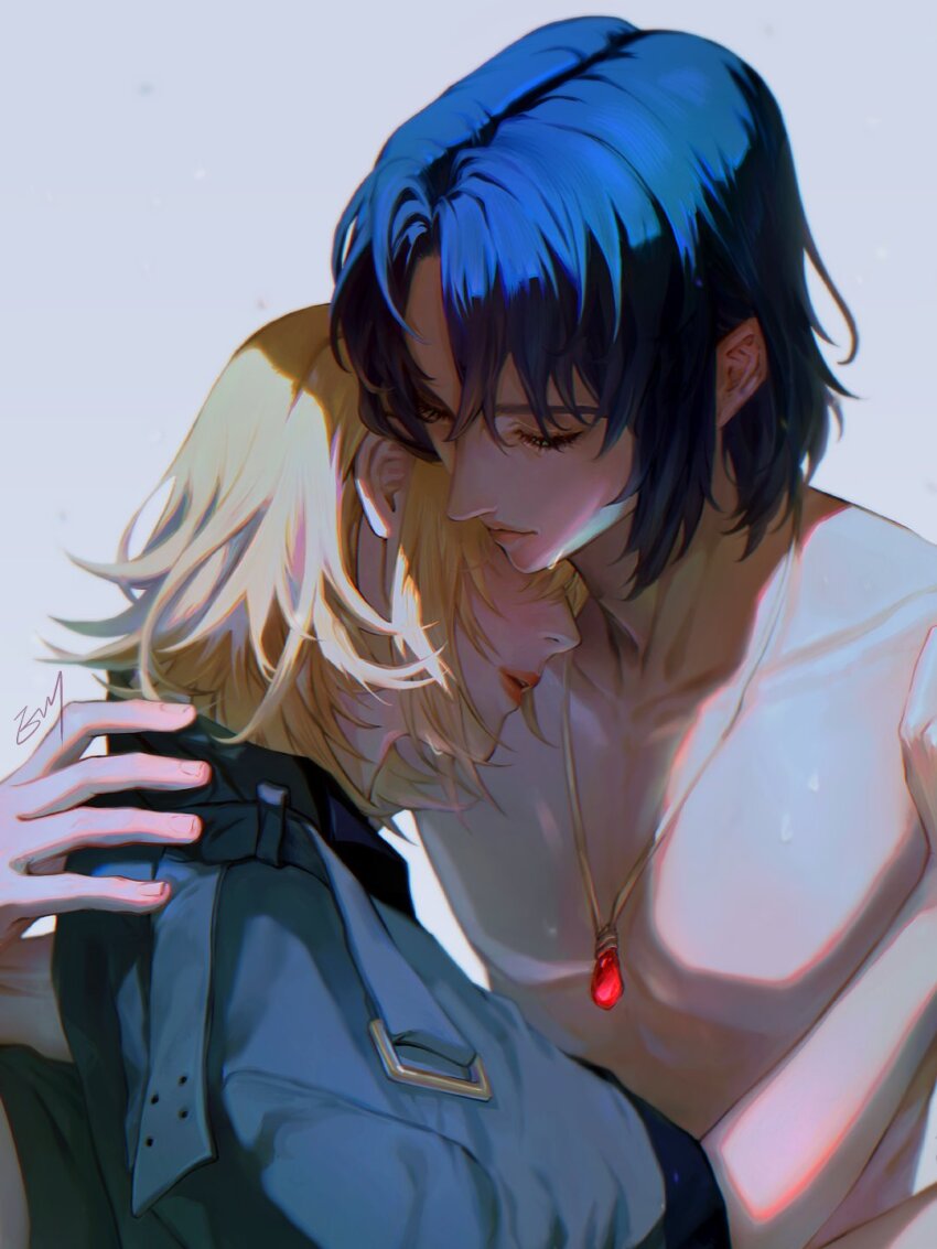 1boy, 1girl, athrun_zala, blonde_hair, blue_hair, bob_cut, cagalli_yula_athha, closed_eyes