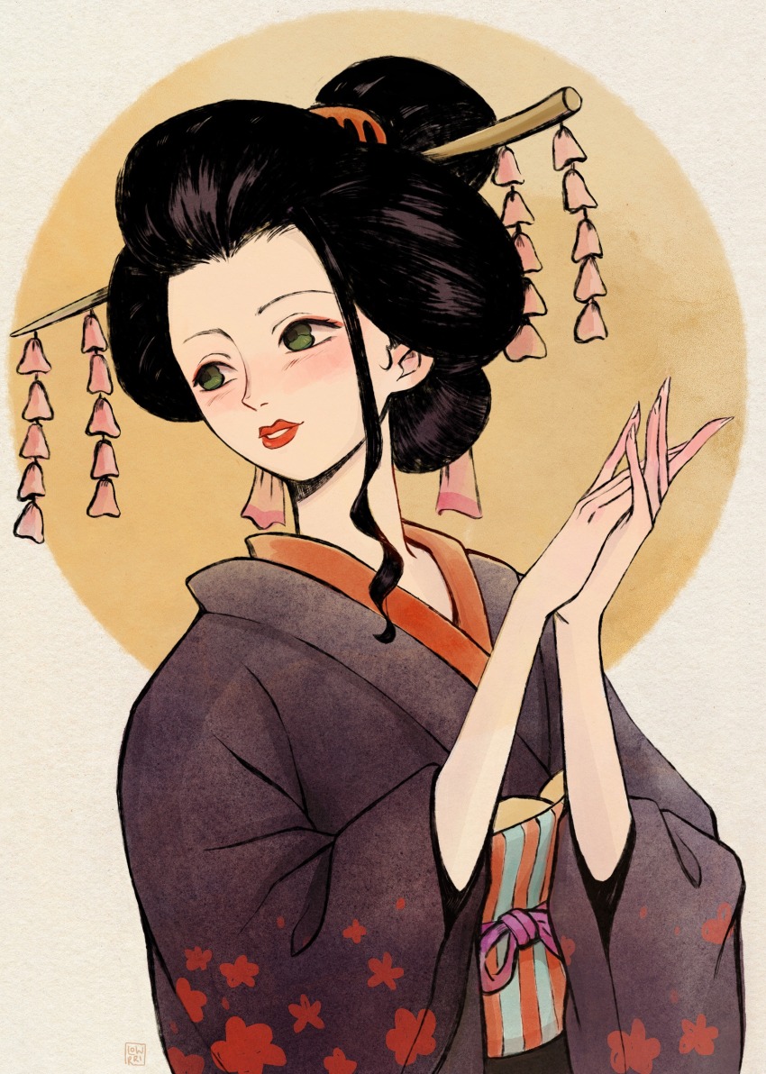 1girl, absurdres, black_hair, black_kimono, blush, circle, commentary, english_commentary, eyeliner, floral_print, floral_print_kimono, geisha, green_eyes, hair_ornament, highres, japanese_clothes, kanzashi, kimono, looking_to_the_side, lowrri, makeup, nico_robin, nico_robin_(wano), obi, one_piece, palms_together, print_kimono, red_lips, sash, sidelocks, solo, wide_sleeves