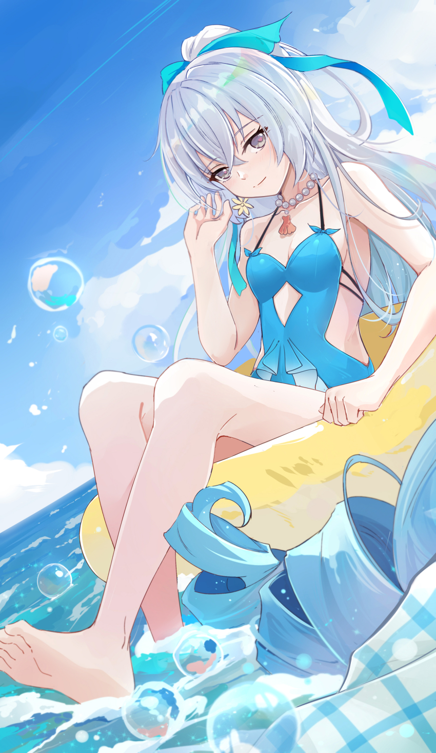 1girl, absurdres, afloat, bare_legs, bare_shoulders, barefoot, blue_one-piece_swimsuit, blue_ribbon