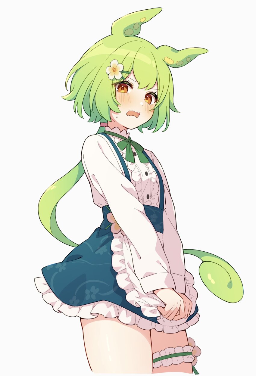 1girl, apron, blush, brown_eyes, center_frills, commentary, cowboy_shot, dress_flower, floral_print, flower, frilled_apron, frilled_garter, frilled_skirt, frilled_thigh_strap, frills, green_hair, green_ribbon, green_skirt, hair_between_eyes, hair_flower, hair_ornament, hair_tie, hayamaro65, high-waist_skirt, highres, long_hair, long_sleeves, looking_at_viewer, low_ponytail, miniskirt, neck_ribbon, pea_pod, ponytail, print_skirt, ribbon, shirt, simple_background, skirt, small_sweatdrop, solo, standing, suspender_skirt, suspenders, thigh_strap, thighs, very_long_hair, voiceroid, voicevox, waist_apron, waitress, waitress_zundamon, wavy_mouth, white_apron, white_background, white_shirt, zundamon