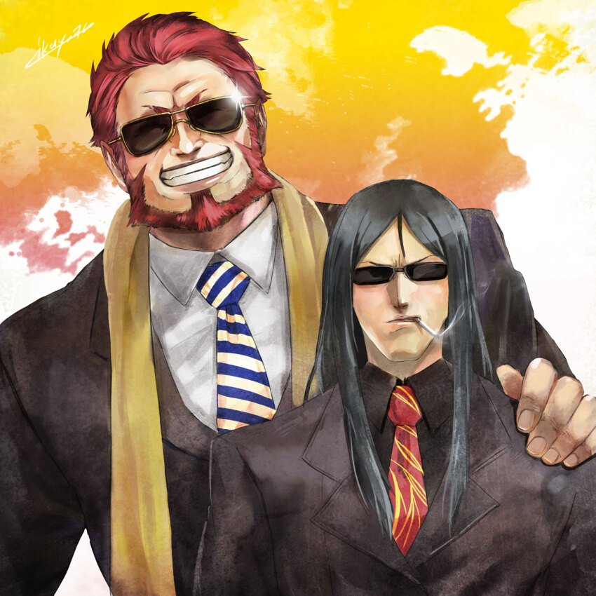 2boys, beard, black_hair, black_jacket, black_shirt, cigarette, collared_jacket, collared_shirt