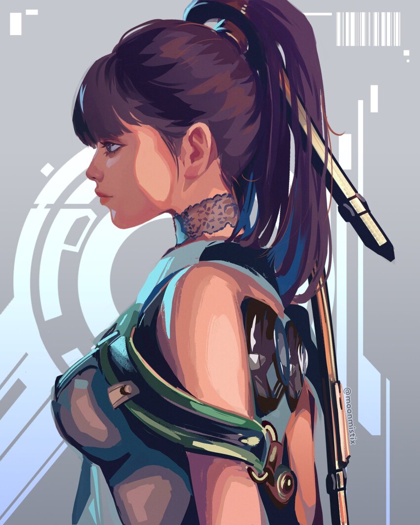 1girl, black_hair, blunt_bangs, bodysuit, breasts, brown_eyes, choker, commentary, english_commentary, eve_(stellar_blade), from_side, green_bodysuit, hair_ornament, highres, impossible_bodysuit, impossible_clothes, large_breasts, long_hair, looking_ahead, moonmistix, multicolored_bodysuit, planet_diving_suit_(7th)_(stellar_blade), ponytail, profile, silver_bodysuit, simple_background, skin_tight, solo, stellar_blade, twitter_username, two-tone_bodysuit, upper_body