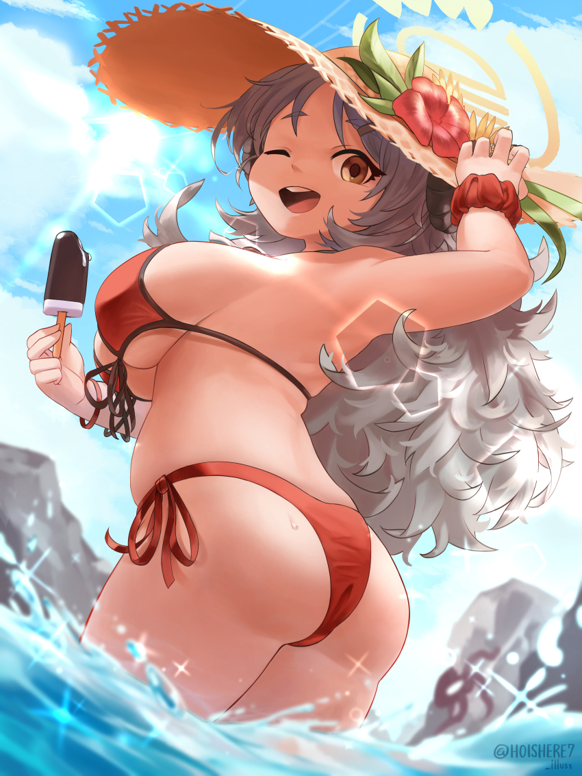 1girl, absurdres, ass, bikini, black_horns, blue_archive, blue_sky, breasts, brown_eyes, cloud, curled_horns, flower, food, grey_hair, halo, hat, hat_flower, highres, hoishere7, horns, izumi_(blue_archive), izumi_(swimsuit)_(blue_archive), large_breasts, long_hair, looking_at_viewer, looking_back, open_mouth, popsicle, red_bikini, round_teeth, side-tie_bikini_bottom, sky, solo, splashing, straw_hat, sun_hat, swimsuit, teeth, upper_teeth_only, wading, water, wavy_hair
