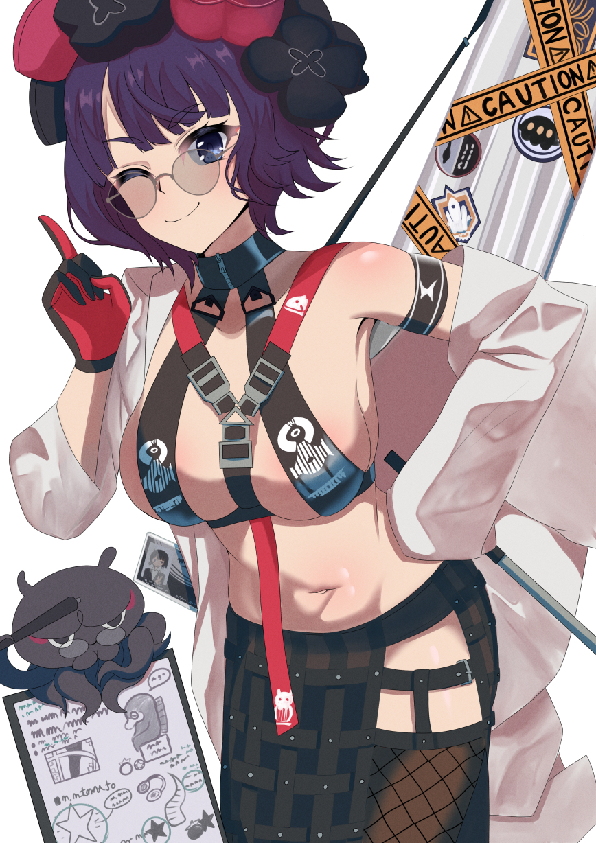 1girl, bikini, black_bikini, black_gloves, black_skirt, blush, breasts, cleavage