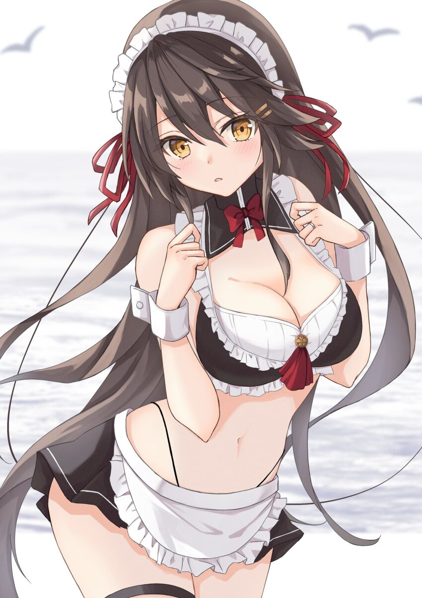 1girl, alternate_costume, bikini, black_bikini, black_hair, black_skirt, breasts, brown_eyes